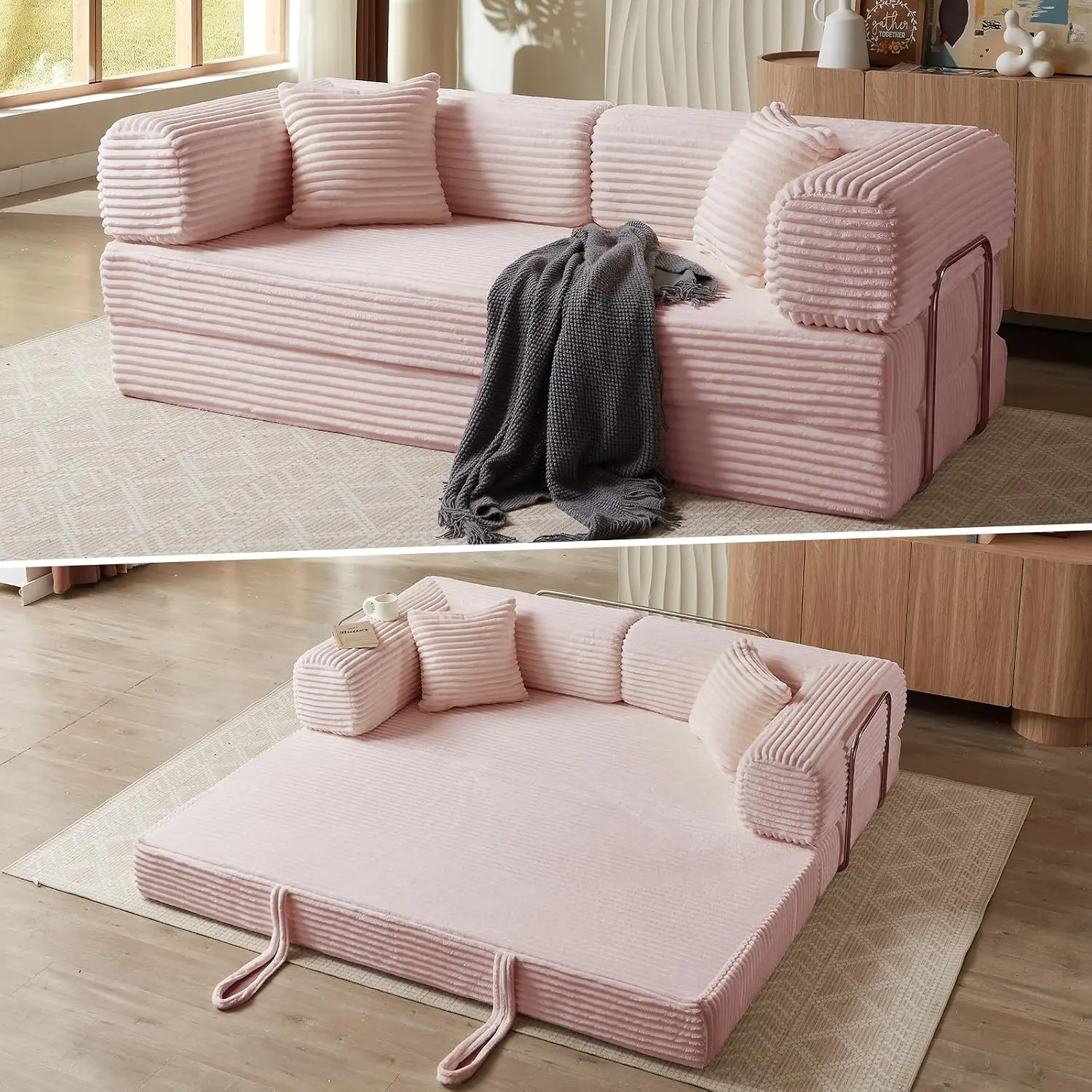 4-in-1 Convertible Folding Sleeper Sofa Bed, Plush Corduroy Foldable Mattress Couch with Fixed-Shape Frame, Floor, Customized
