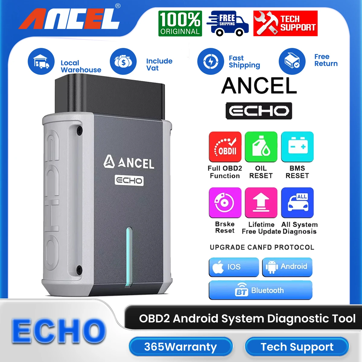 

ANCEL ECHO OBD2 ALL Система Автомобильный сканер Диагностический инструмент Двунаправленное масло EPB BMS Сброс OBDII Автомобильный тестер для iOS Android