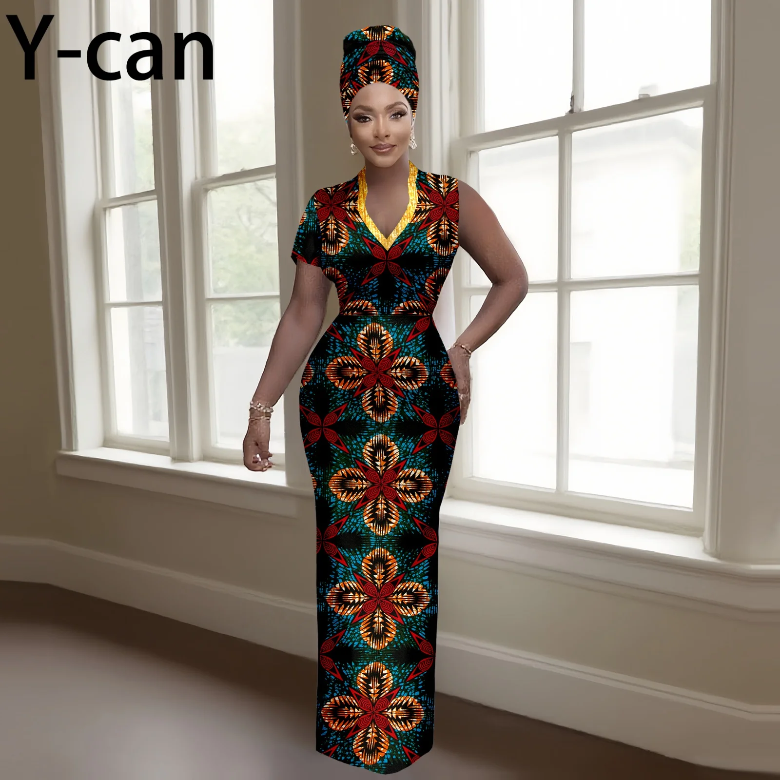 Luxury V-neck Short Sleeve Maxi Dress Dashiki Ankara Wax Print with Headwrap African Style Gown for Women Party Evening - view 5