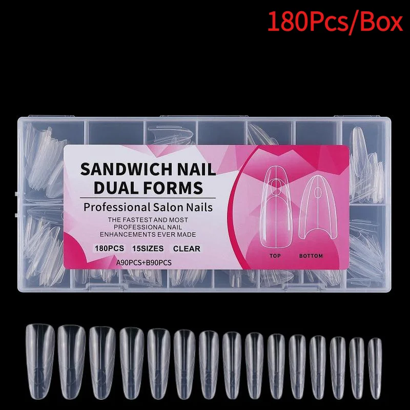 *180Pcs Dual Nail Forms Reusable Nail Extension Sandwich Molds Oval Coffin Shape for DIY Manicure Home Salon Use