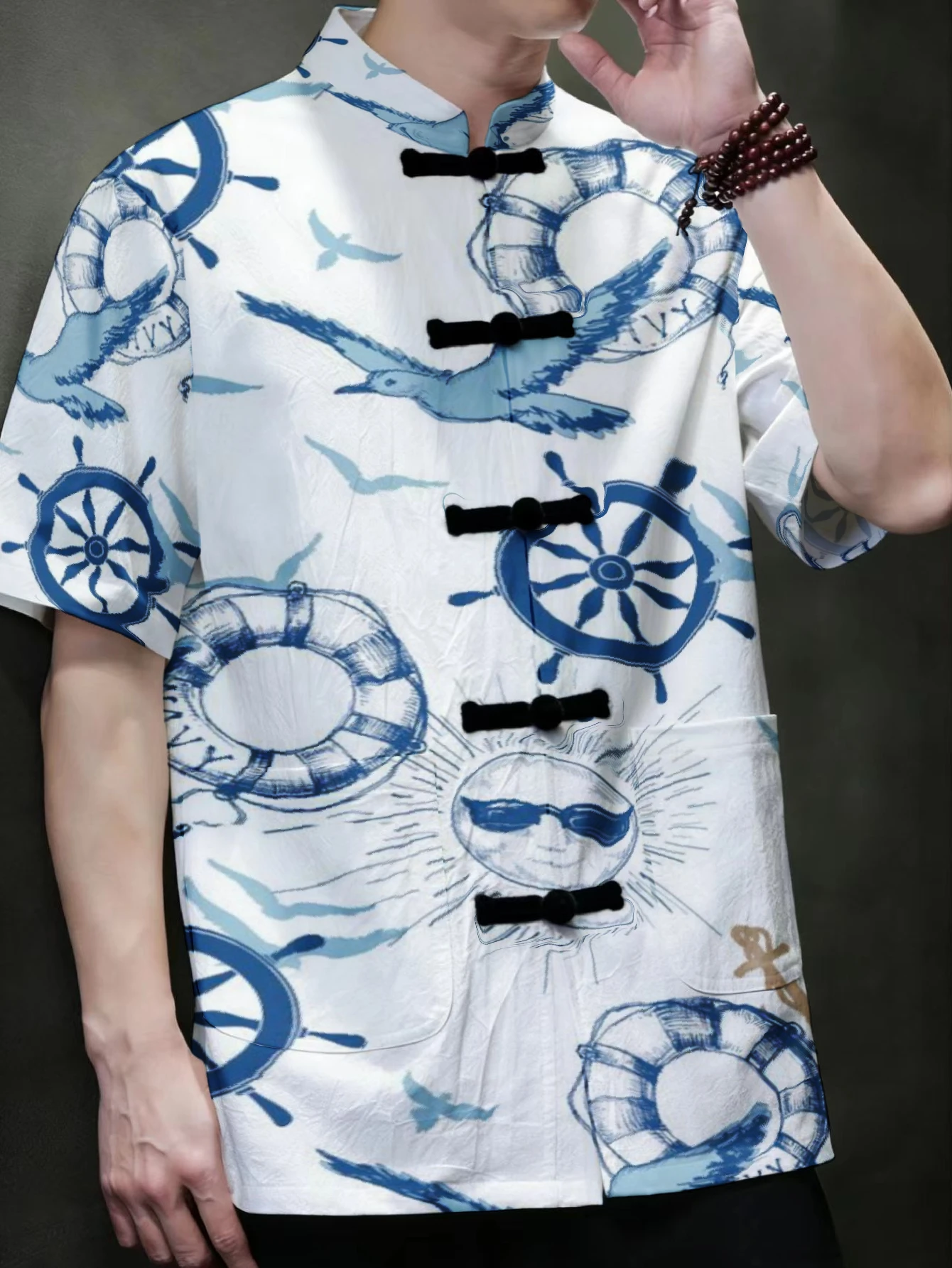 Men Mandarin Collar Frog Button Short Sleeve Shirt Tropical Nautical Print Oriental Casual Top With Front Pockets