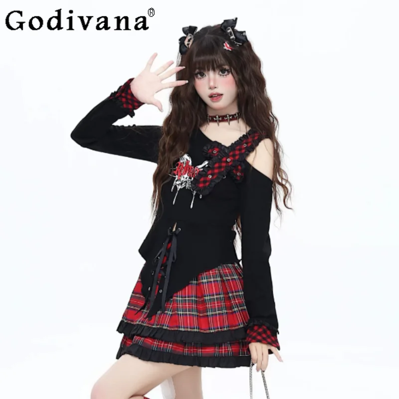 Subculture Sweet Cool Irregular Long Sleeve Slim Lace-Up T-Shirt Personalized Gothic Plaid Versatile Age Reduction Fashion Tops