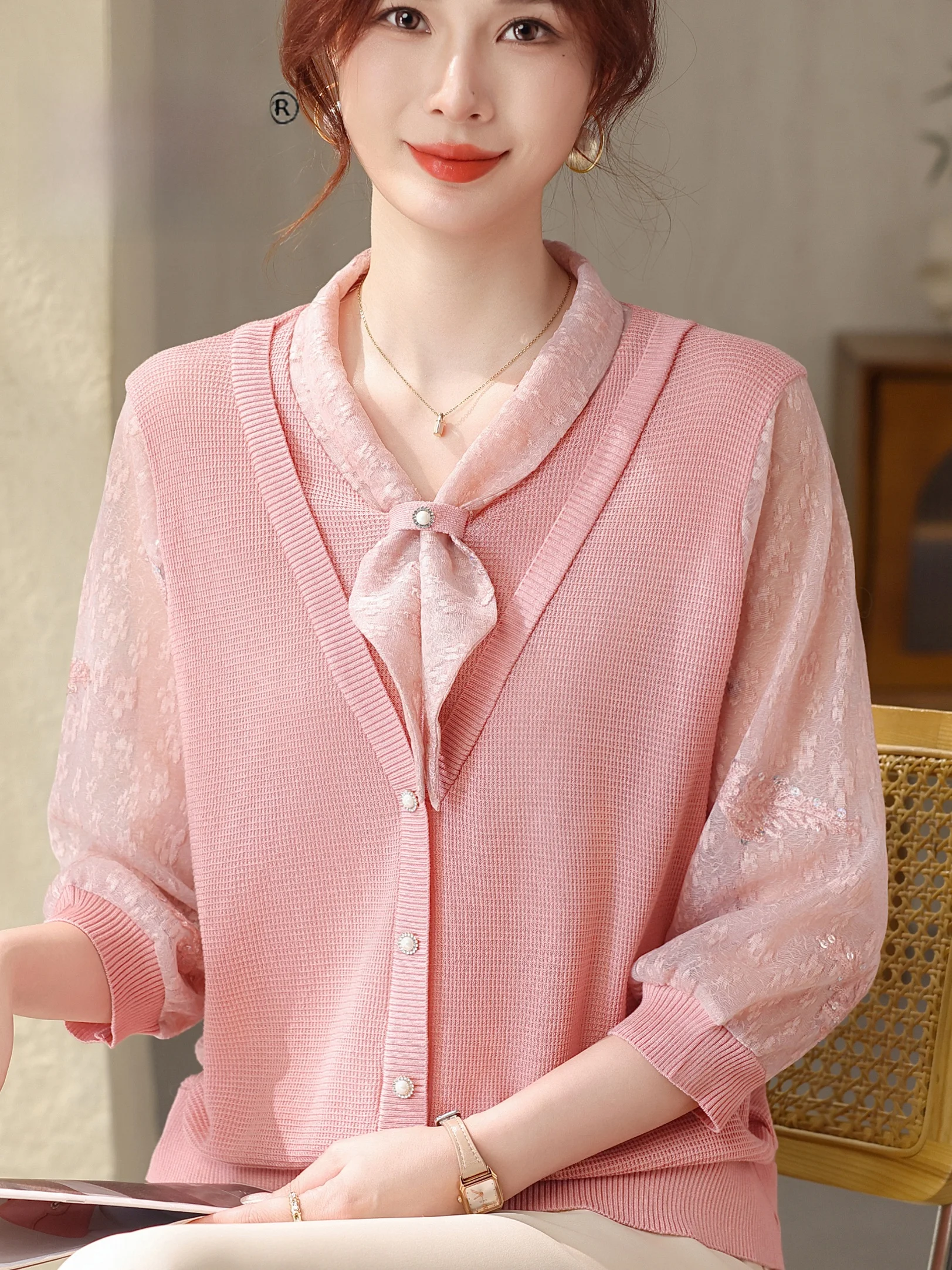 

Fashionable Knot Sleeveless Knitted Top for Middle-Aged Women Summer Thin Loose Fit round Neck T-Shirt Breathable