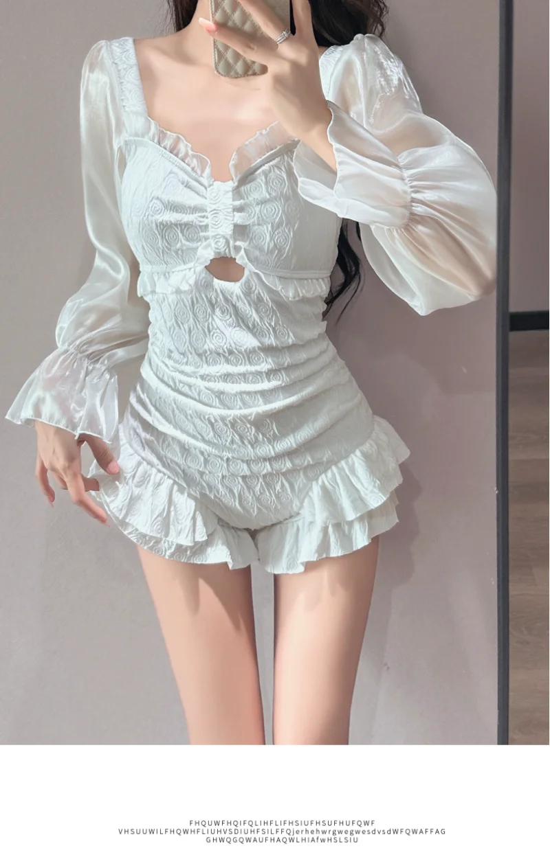 sexy kpop conservative plain swimsuits mesh long sleeve swimwear one piece white ruffles bodysuits bikinis cute beach outfits