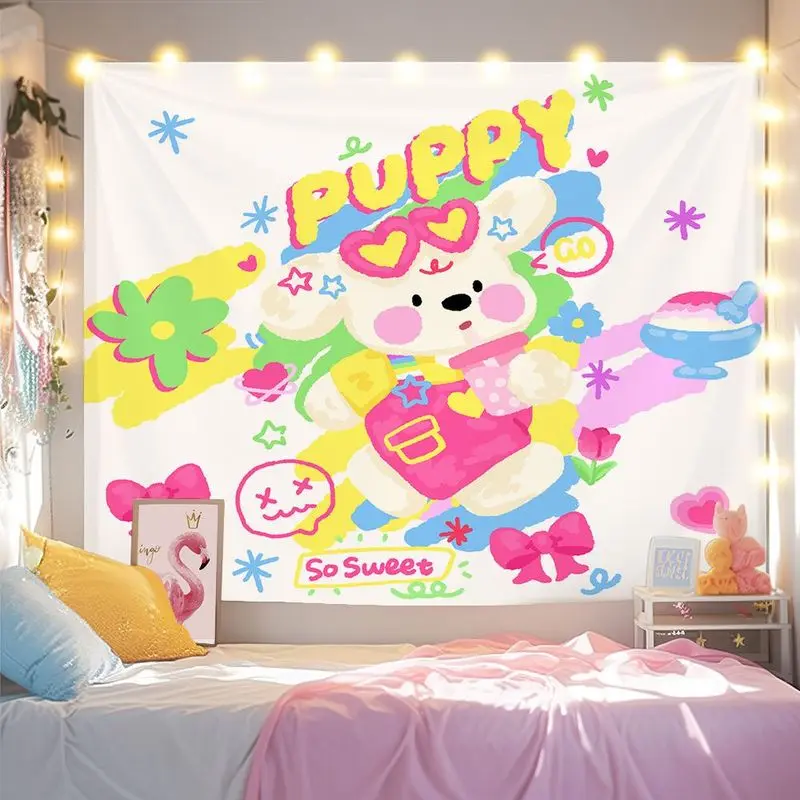VIKAMA Ribbon Hoop Small Animal Tapestry Macaron Cartoon Bear Elephant Lamb Background Cloth Warm Tapestry Room Decoration