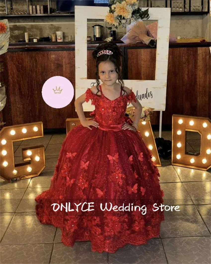 Exquisite Red Flower Girl Dress For Wedding 3D Applique Tulle Beads Crystal Princess Kids Birthday Party Vestidos Customized 