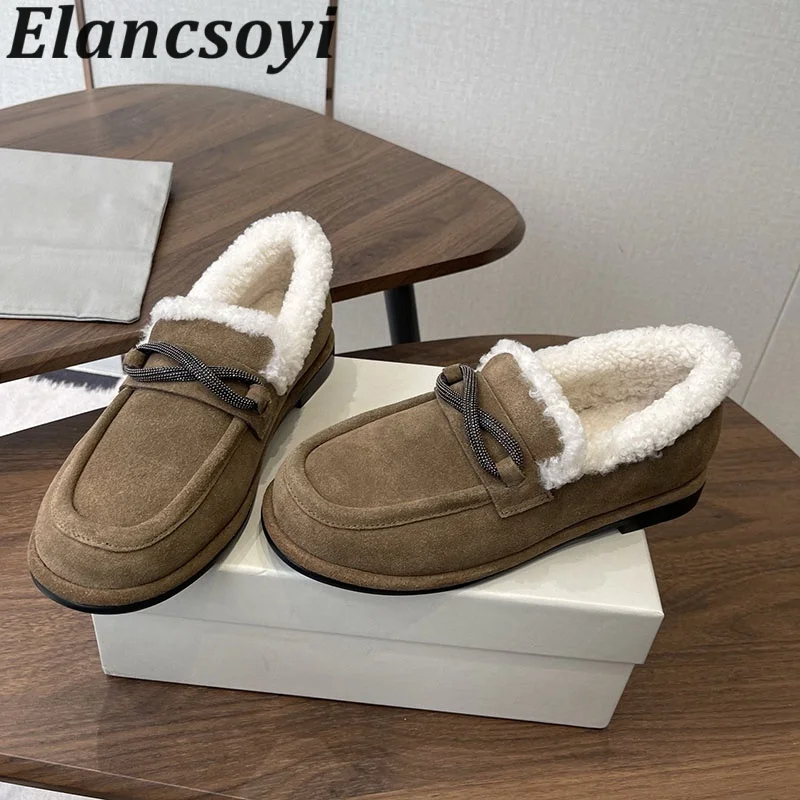 Walking Shoes Round Toe String Bead Decor Plush Lining Loafers Women Spring Autumn Cow Suede Retro Flat Bottom Single Shoes