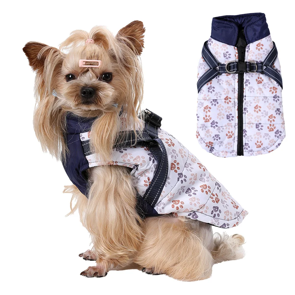 Winterwarmer Hundemantel für kleine und mittelgroße Hunde, Katzenjacke mit Geschirr, Welpen-Fußabdruck, winddichte Kleidung, französisches Bulldoggen-Kostüm