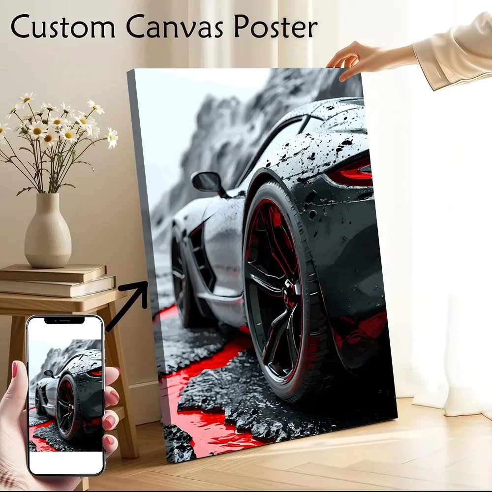 Sleek Black Sports Car on Red and Black Terrain Poster Canvas Wall Art Custom Photo Print Modern Painting for Fans Bedroom Mural