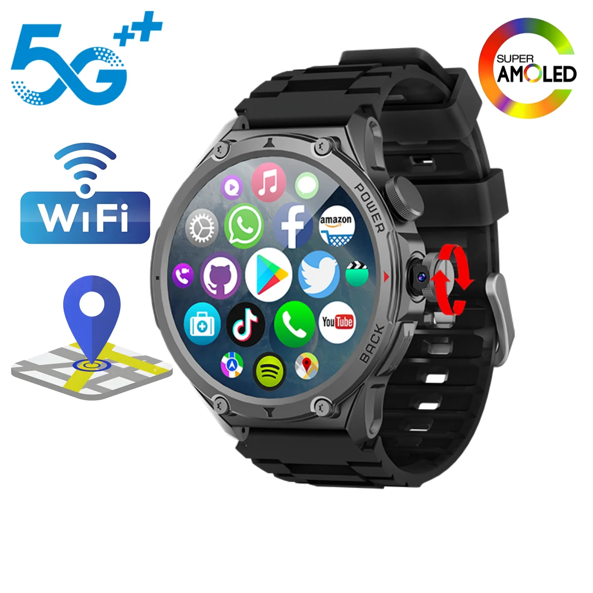 Montre connectée 5G LTE pour femme avec WiFi, carte SIM, écran AMOLED de 1,6 pouce, caméras rotatives, appels vidéo, GPS, téléchargement d'applications Play Store