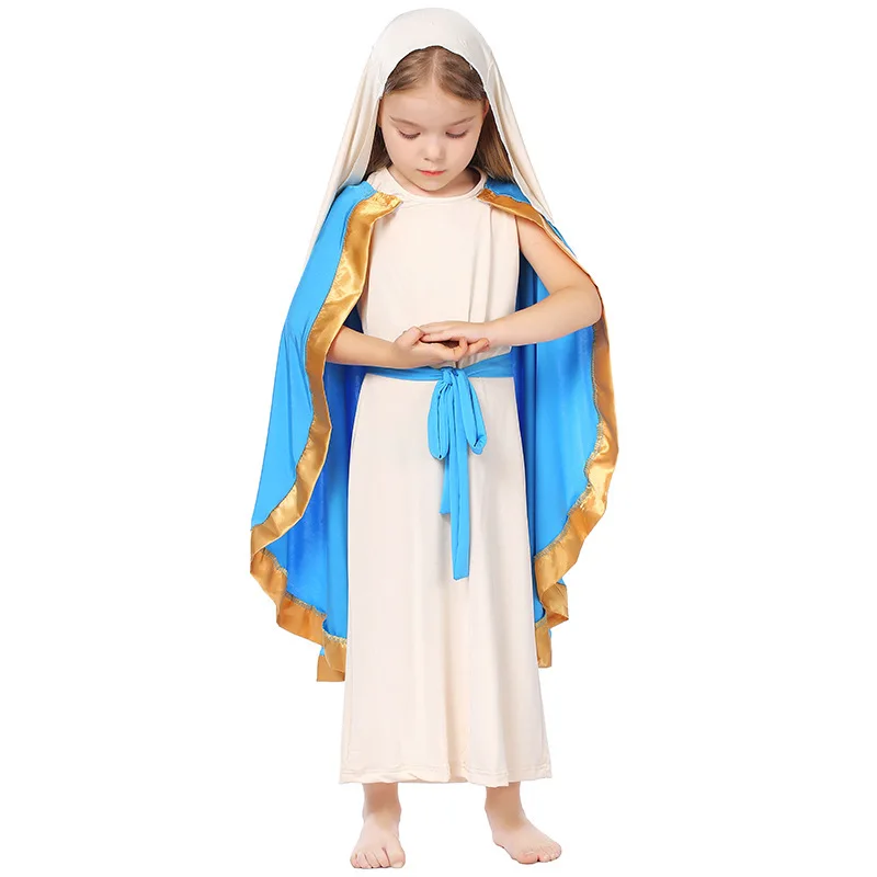 

Child Cosplay Shepherd Sleeveless Robe Cape Dress Light Blue Costumes Halloween Party Roleplay Stage Performance Outfits