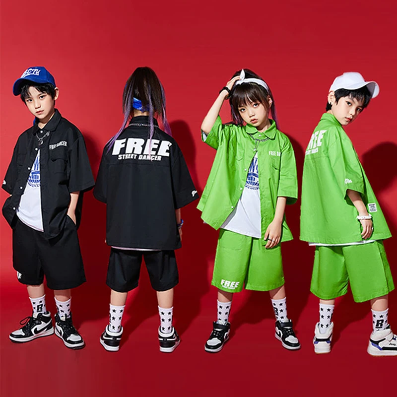 

Summer Hip Hop Clothing For Kids Short Sleeved Shirt Boys Black Green Kpop Concert Outfit Boys Girls Street Dance Wear BL8710