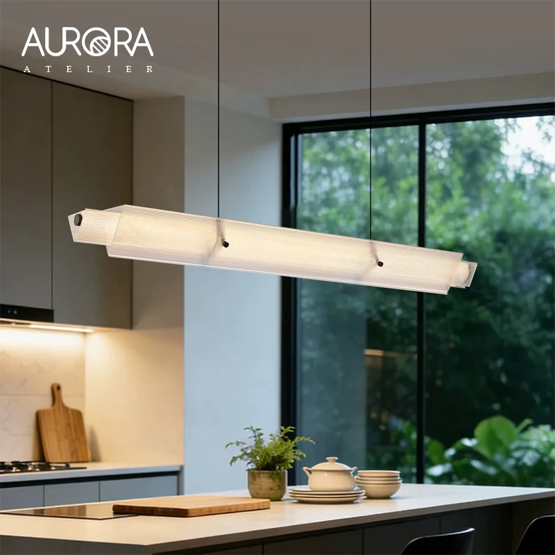 Simple Acrylic Linear LED Chandelier for Dining Table Kitchen Island Restaurant Bar Office Study Modern Iron Strip Pendant Light