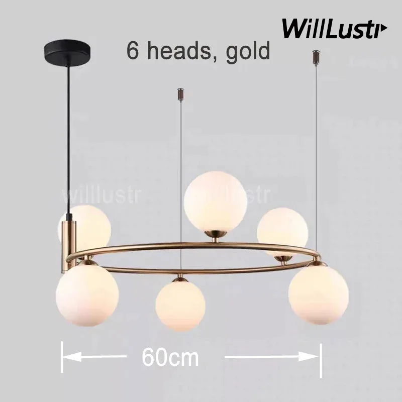 Modern Metal Ring Pendant Lamp Globe White Glass Ball Ceiling Chandelier Bedroom Hotel Restaurant Store Cafe Suspension Light