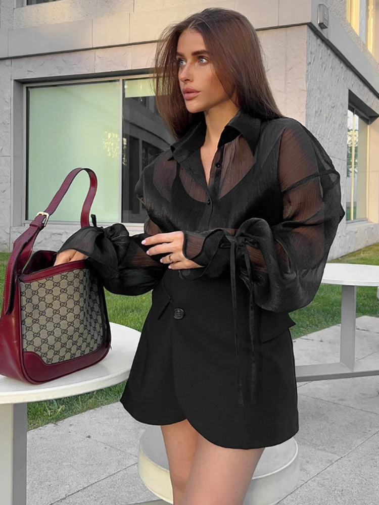 TARUXY See Through Mesh Cardigan For Women Fashion Lace Up Long Sleeve Shirts Female Black Loose Casual Shirt Ladies 2023 New