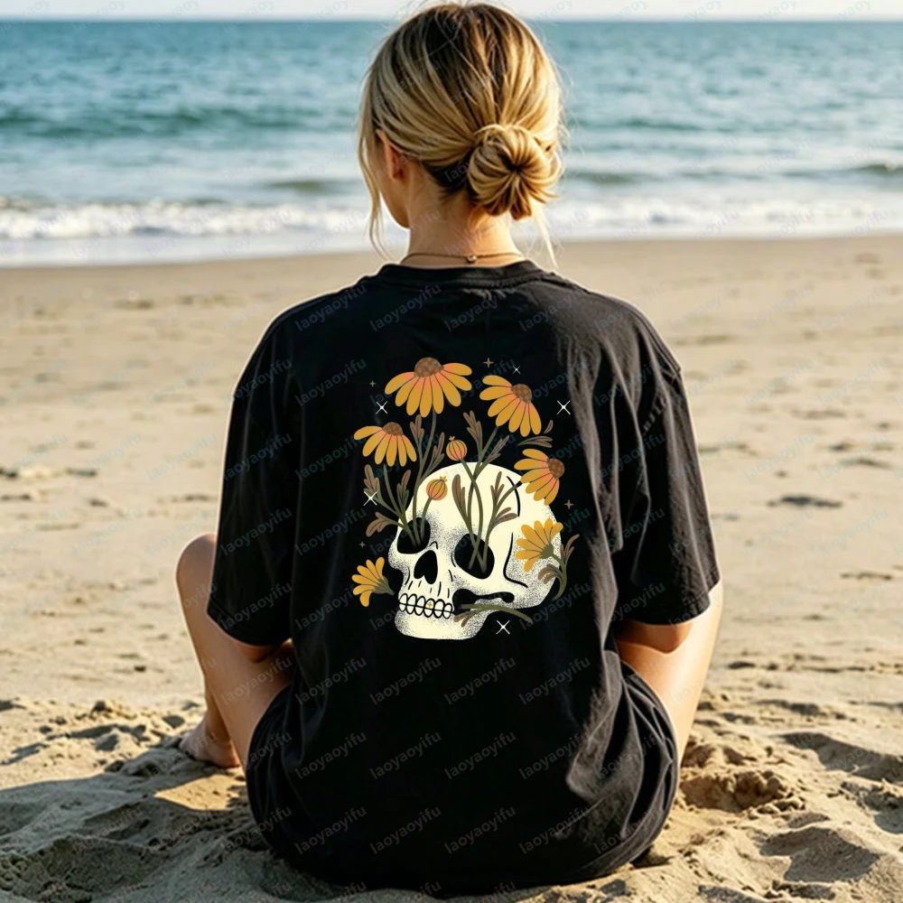 Floral Skull Cotton Tee Daisy Flower Statement Shirt Gothic Boho Streetwear Trend Summer Short-sleev Harajuku Clothes for Women