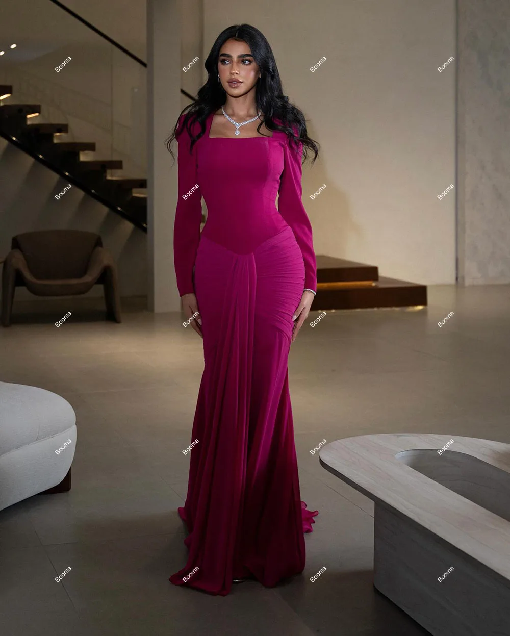 Booma Elegant Mermaid Evening Dresses Square Collar Long Sleeves Formal Occasion Dresses for Women Arabic Party Prom Gowns