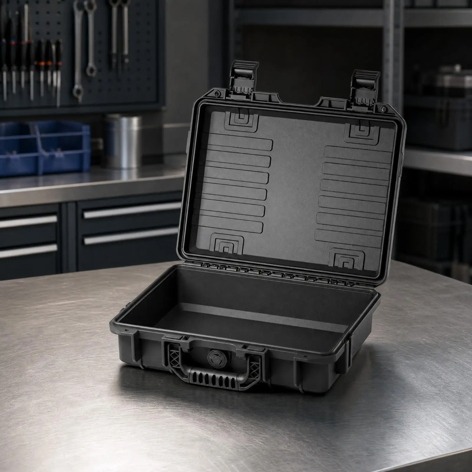 Impact Resistant Hard Shell Storage Case for Field Technicians with Ergonomic Handle and Secure Hinged Lid