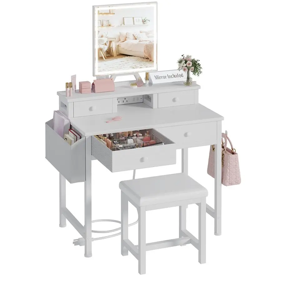 

Белый туалетный столик с зеркалом и подсветкой, набор для макияжа со стулом, туалетный столик с ящиками и розеткой для подключения электроприборов
