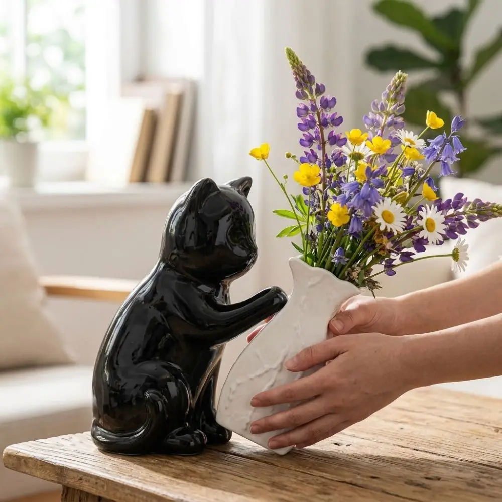 Funny Ceramic Cat Pushing Vase Unique Handmade Flower Holder Cat Statue Kitten with Tilted Flower Vase Living Room