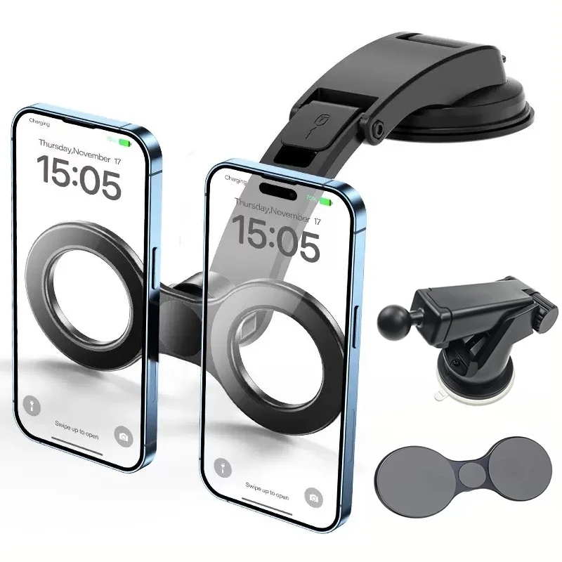 Double Phone Magsafe Strong Magnetic Car Phone Holder Suction Cup Mount for iPhone 18 17 16 15 Pro Max Samsung S25 S24 S23 Stand