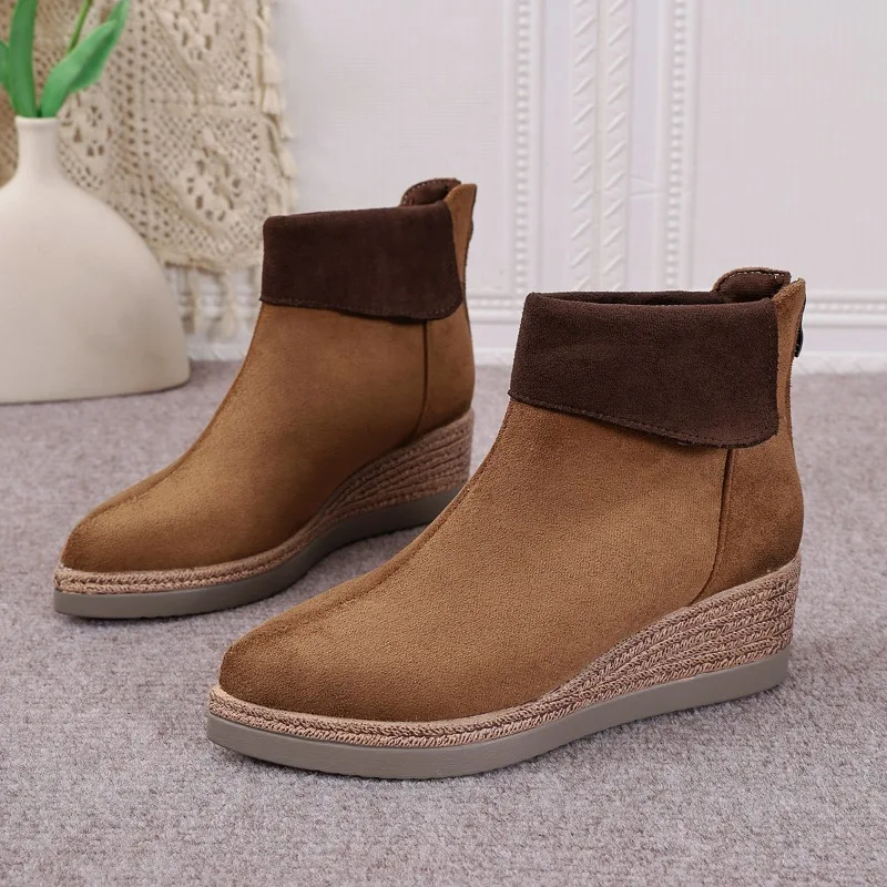 Retro Ethnic Women's Booties Platform Warm Zipper Wedges