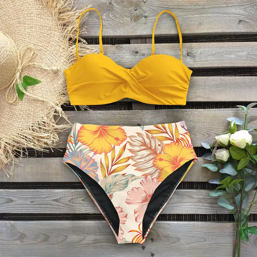 

High Waisted Printed Bikini With Thin Shoulder Straps Youthful And Energetic Beach Wear Lemon Yellow Y2K Bathing Suit Sexy