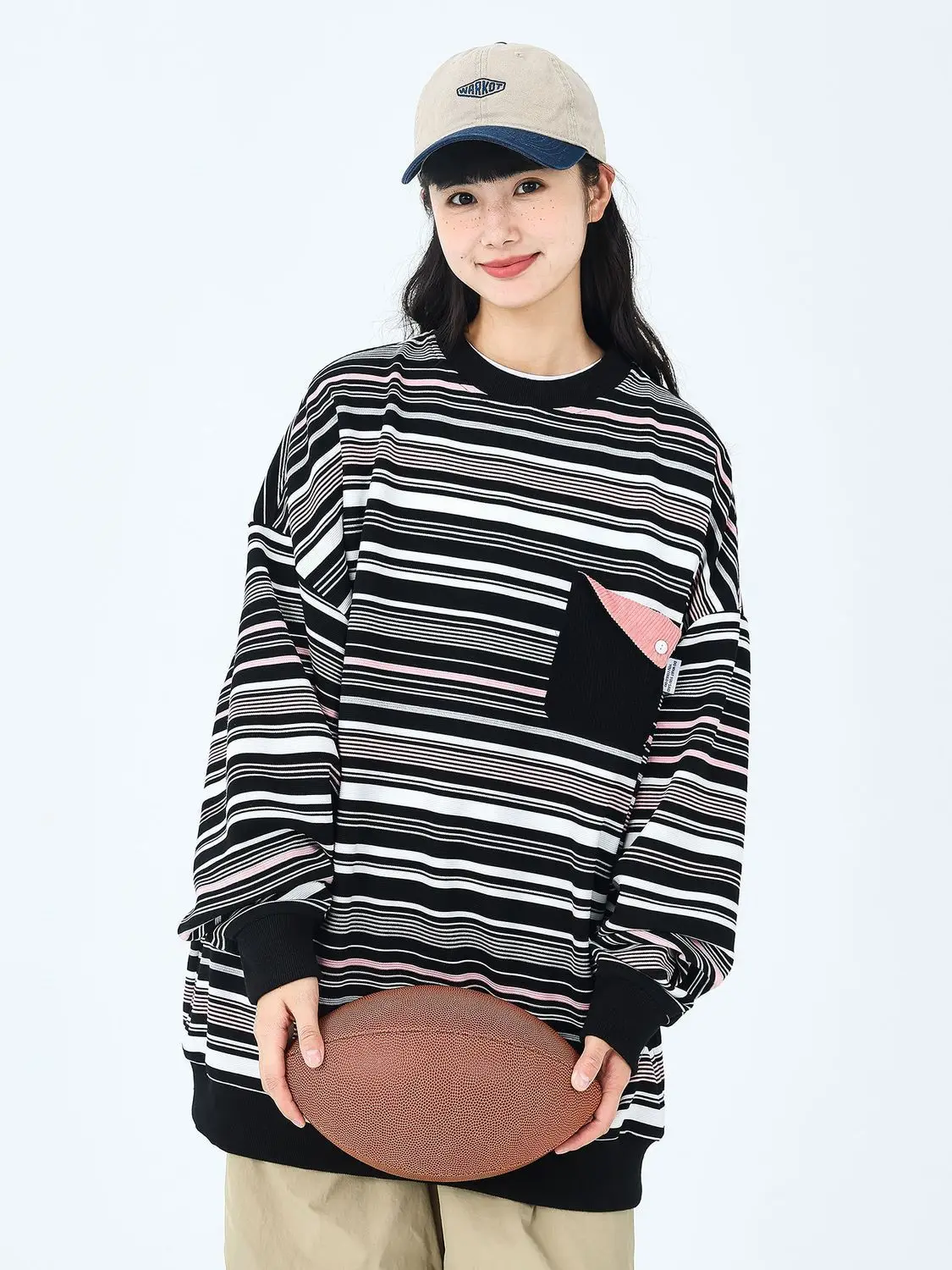 Trendy Autumn Korean New Patchwork Pocket Striped Sweatshirts for Men and Women Personalized Round Neck Couple Long-sleeved Tops