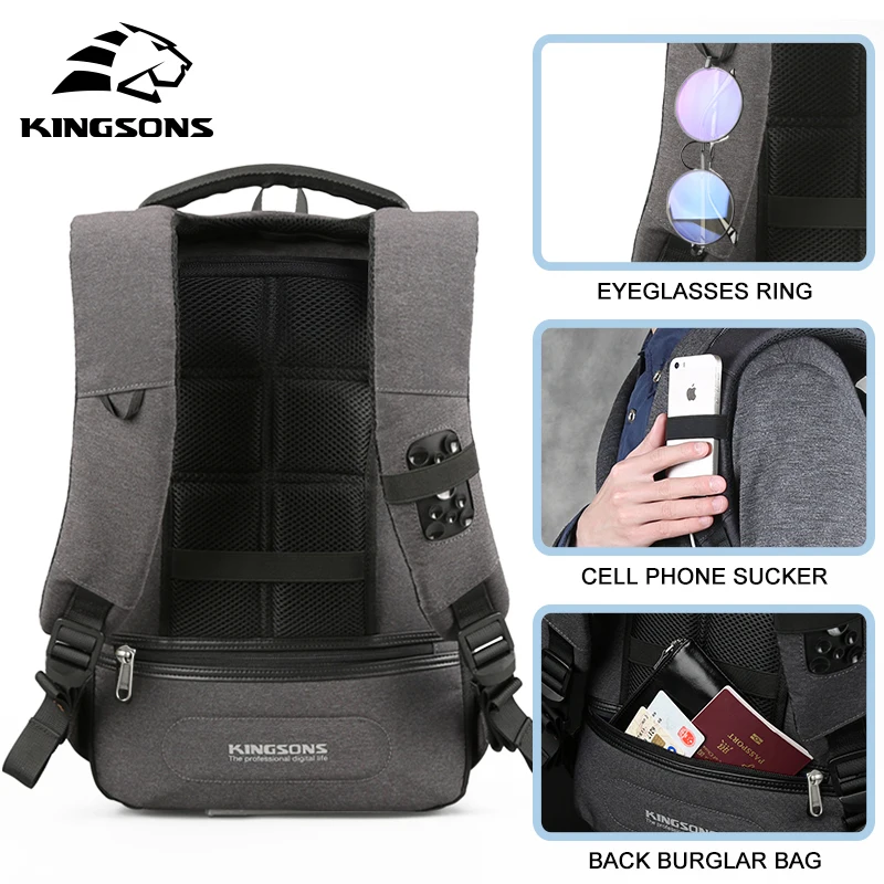 Kingsons Men\'s Backpack Fashion Multifunction USB Charging Men 13 15 inch Laptop Backpacks Anti-theft Bag For Men