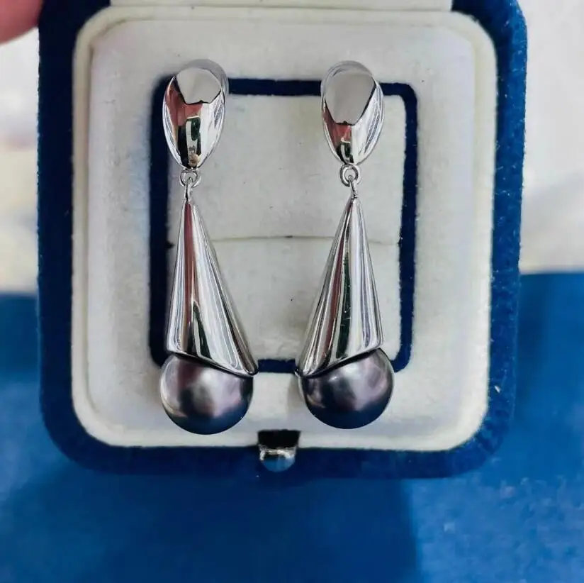 

Потрясающие висячие серьги с таитянским круглым черным зеленым жемчугом 9-10 мм 925-х годов