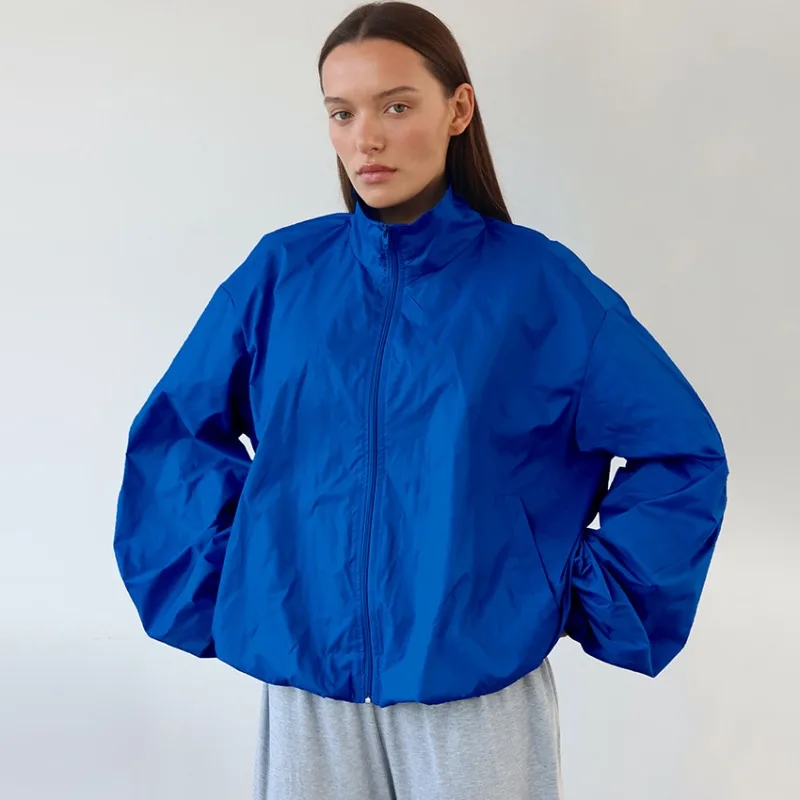 Womens Royal Blue Stand Collar Zip Up Loose Fit Long Sleeve Jacket Coat Casual Fall Winter 2026 New Trendy Chic Outerwear Classy