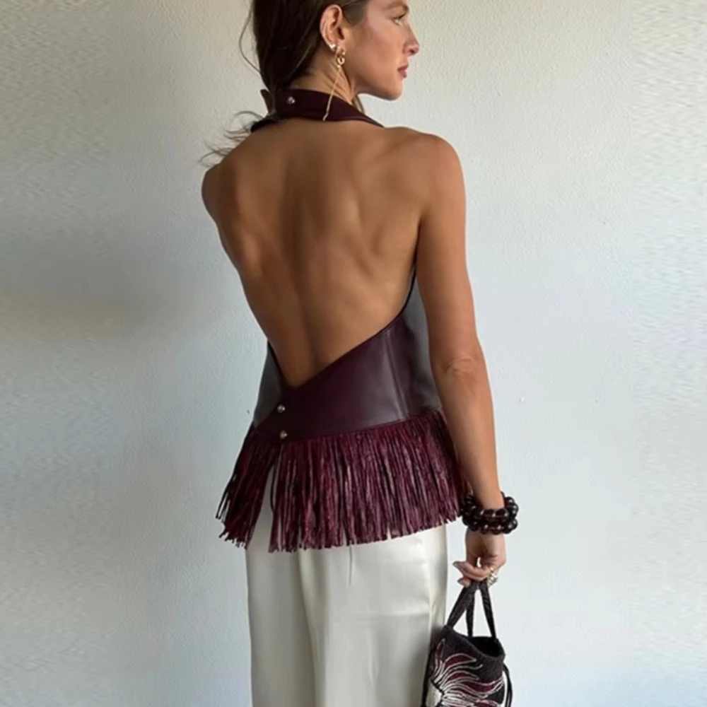 Faux Leather Fringe Ptachwork Halter Top Women Casual Solid Sleeveless Backless Female Tank 2026 Summer Autumn Chic Lady Tops