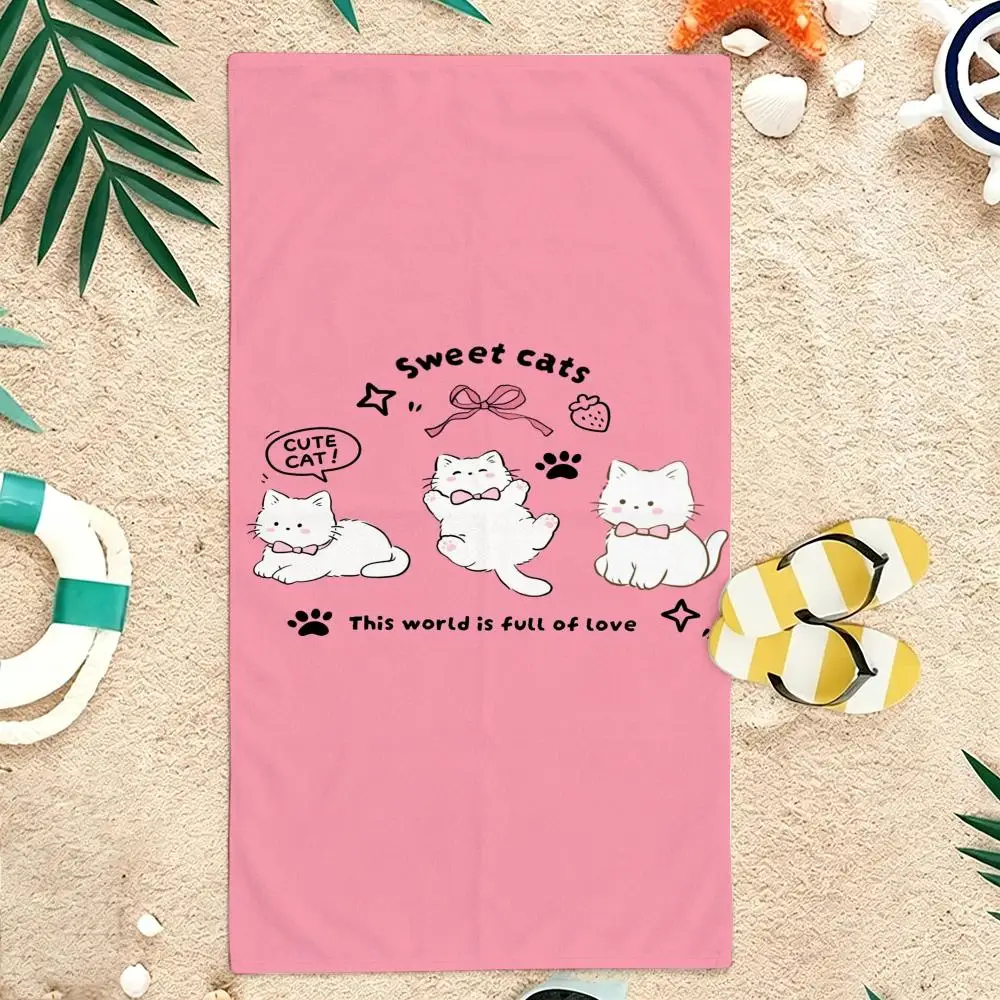Cartoon Pink Bow White Cute Cat Towel Microfiber soft Beach Towel for Travel Fitness Sauna Bathing Camping