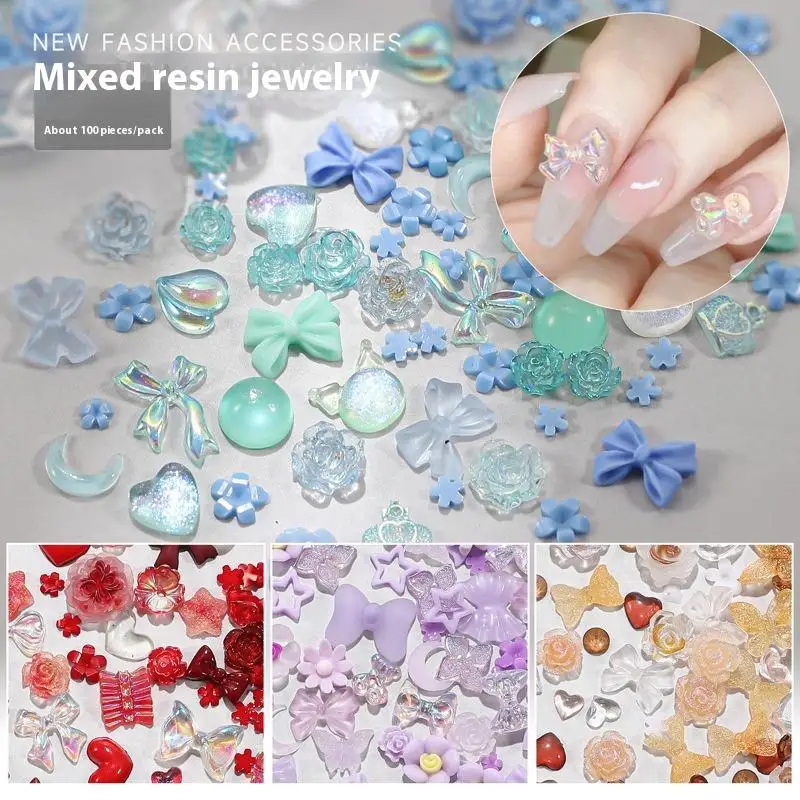

100Pcs Multicolor Kawaii Bowknot Nail Charms Heart Pearls Flower Bow Flat-back Gems Parts Nail Art Manicure Decorations