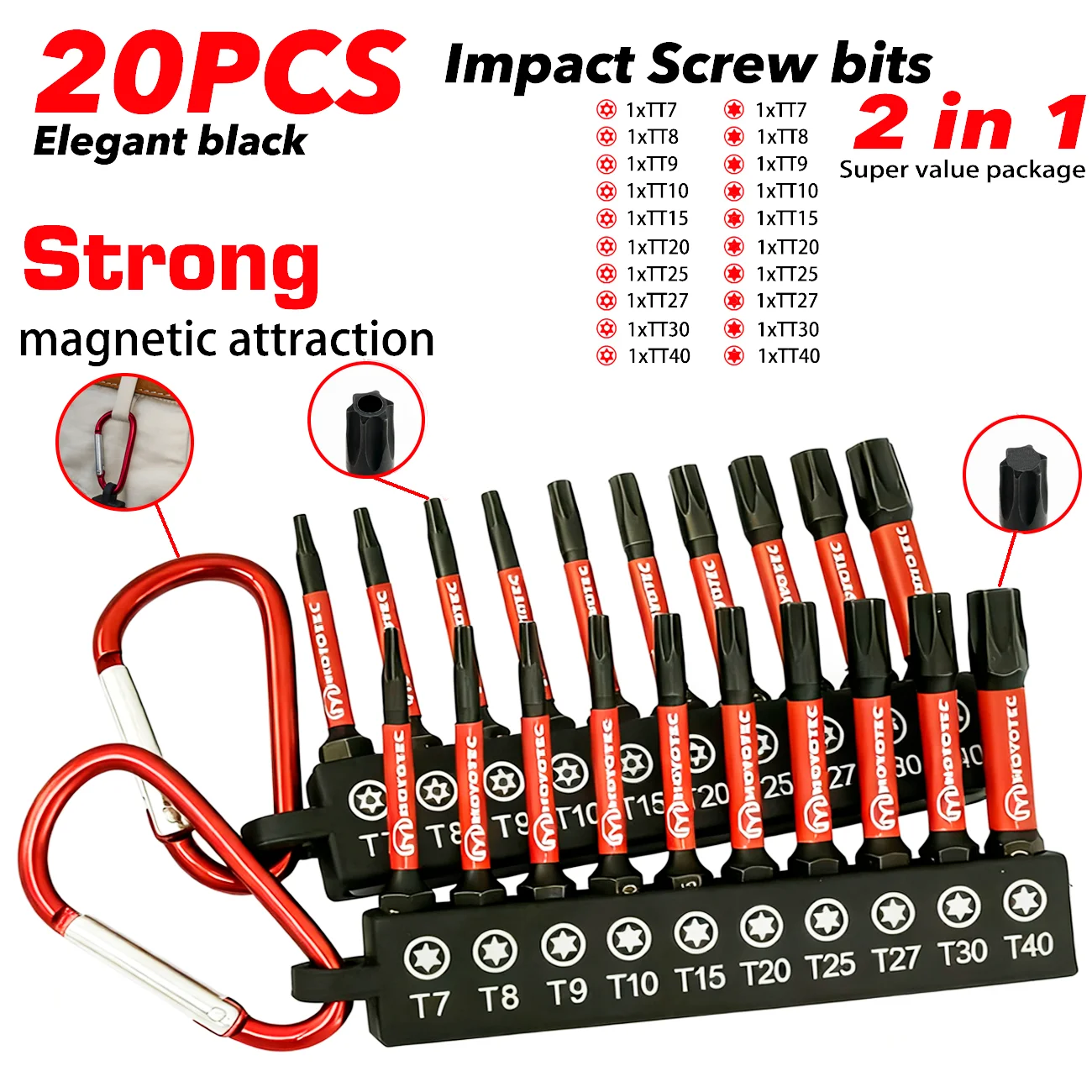 10/20 Piece Impact Screwdriver Bit Set, Made of High-Hardness S2 Alloy Steel, with Strong Magnetic Torx Head Design, Precisely Matches All T7 to T40 Screw Sizes, Universal 1/4 Inch Hex Shank, Compatible with Electric Screwdrivers and Manual Tools, Comes with a Red Metal Carabiner for Easy Portability, Designed for Mechanical Repairs, Home Installations, and Industrial Scenarios