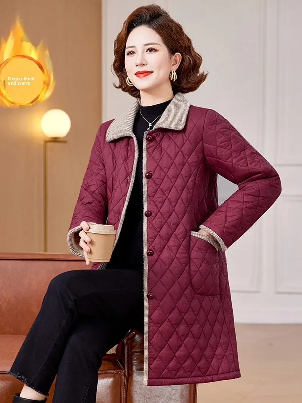 

Новая осенне-зимняя хлопковая куртка большого размера с ромбовидным узором, на флисовой подкладке, женское пальто, верхняя одежда для женщин среднего возраста