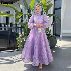 Thinyfull A-line Glitter Muslim Prom Dresses High-neck Long Sleeves Sequin Engagement Gown 2024 Formal Occasion Evening Dress