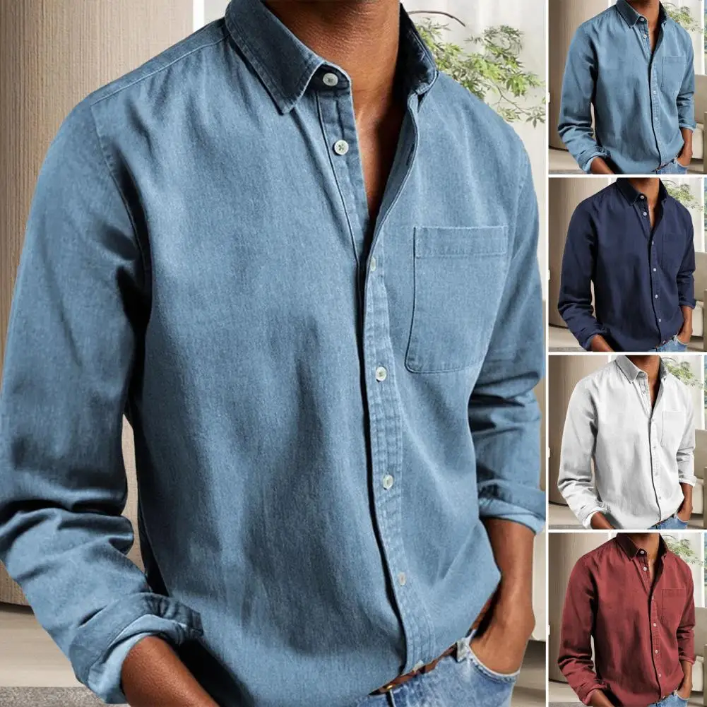 Men Shirt Men's Spring Cardigan Shirt with Chest Pocket Turn-down Collar Formal Top for Mid Length Style Loose Fit Pure Color