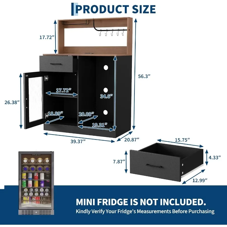 Wine bar cabinet with fridge space and top display hutch for home entertainment, black metal and wood, sleek modern design with view 2
