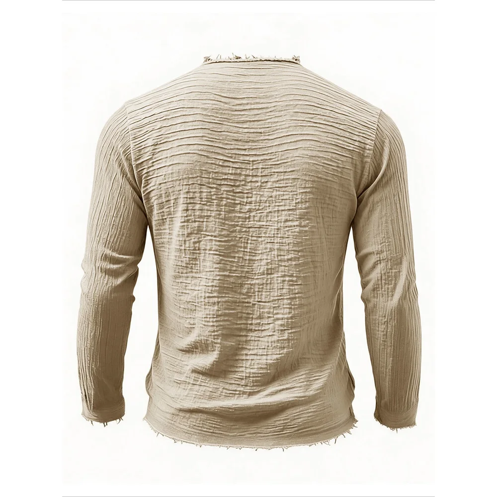 Men's Long Sleeve T-shirt Trendy Ripped Design  V-neck Lightweight Cotton Soft Pleated Fabric Male Loose Fit  Vintage Tops