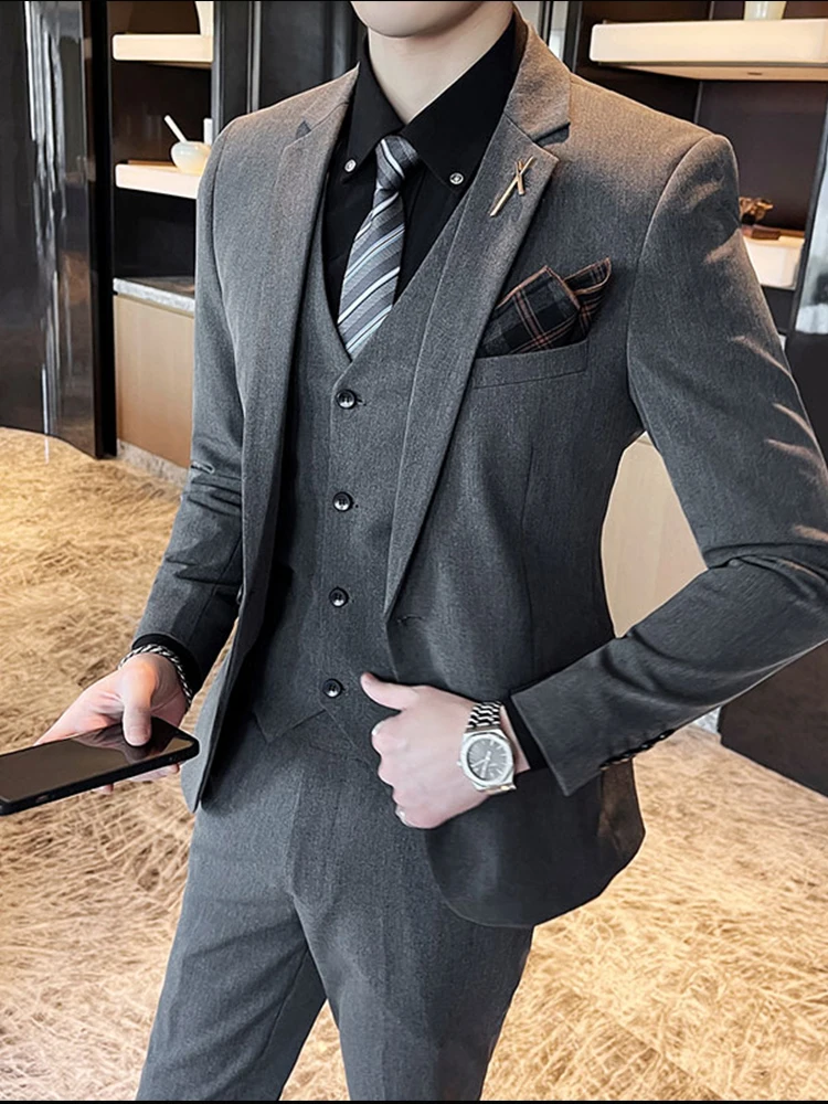

Busin Casual Tailored Men's Wedding Suit Korean Sle Polyester Pure Color Flat Collar Single Button Faion Urban All Sea...