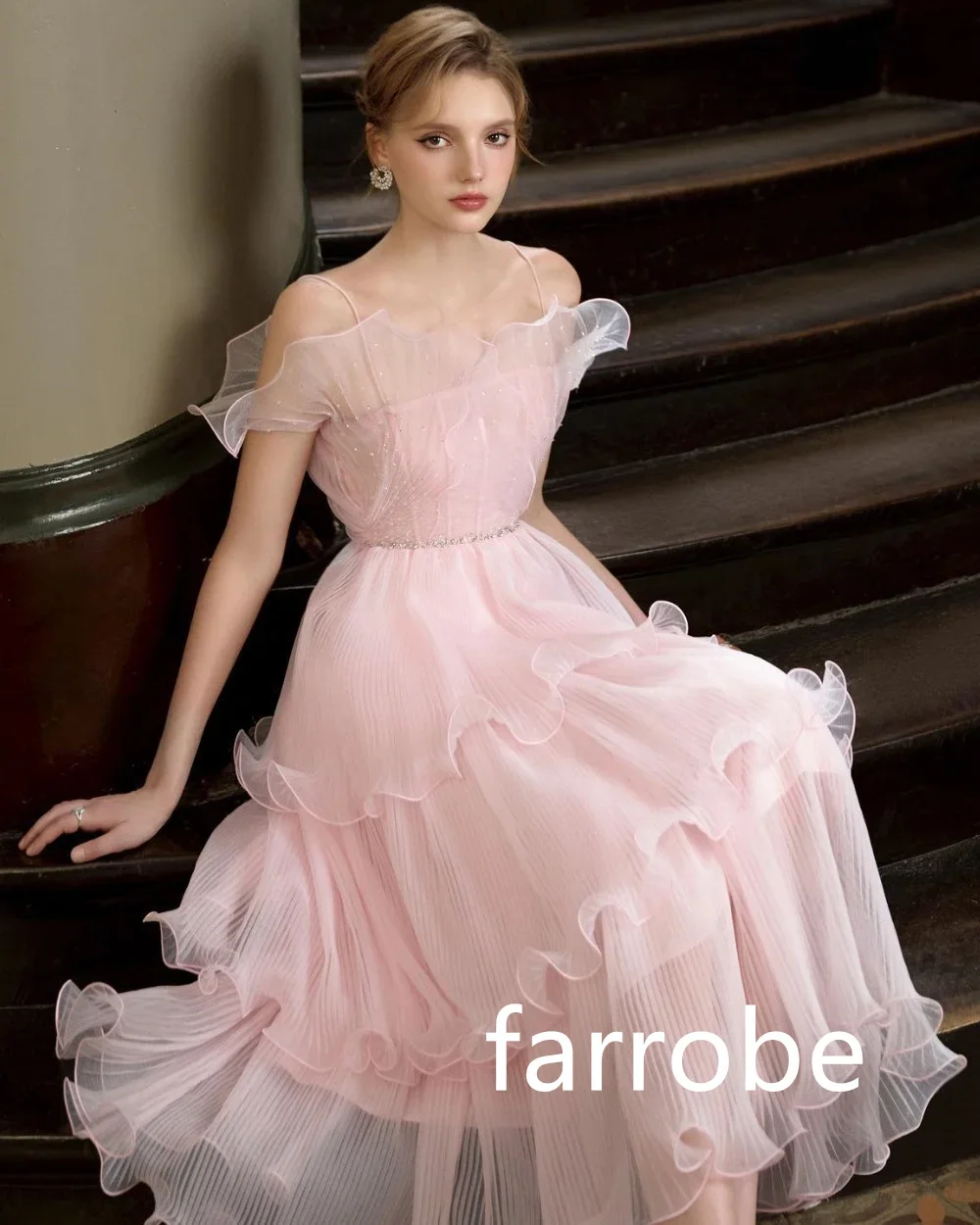 Maßgeschneiderte, lässige Chiffon-Falten, abgestufte A-Linie, Spaghettiträger, Midi-Kleider, Abendkleider, klassisch, exquisit, moderner Stil, Pastro