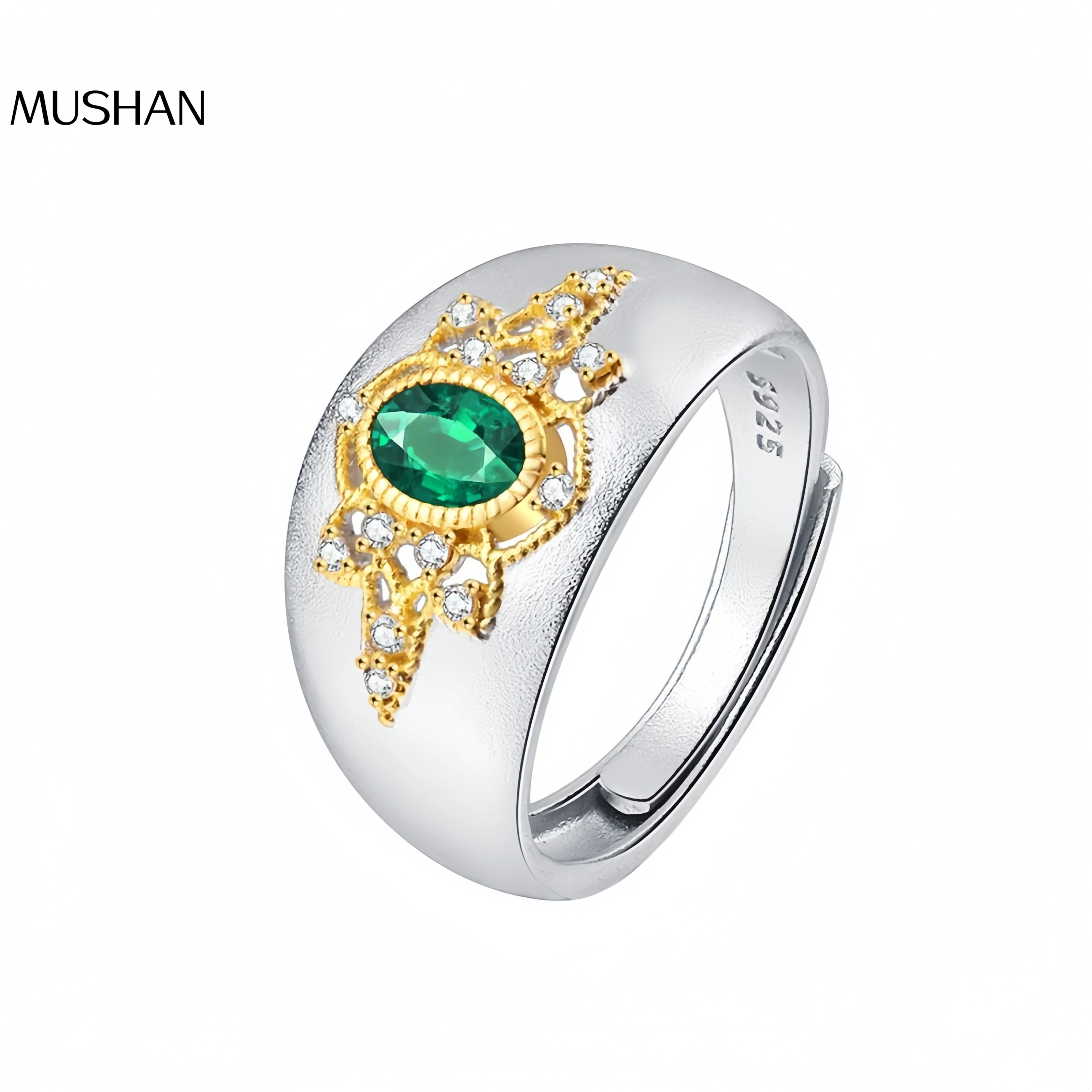 

MuShan Luxury Brand Vintage Hollowed Out Emerald Zircon Ring Brushed Gold 925 Sterling Silver Rings Fashion Jewelry