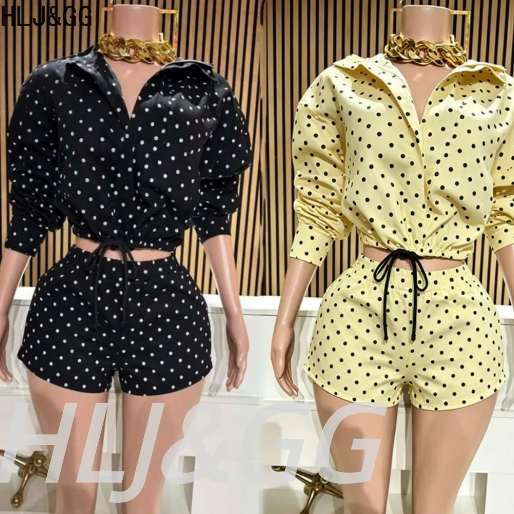 

HLJ&GG Fashion Polka Dot Print Jacket Two Piece Sets Women Zip Long Sleeve Crop Top And Shorts Outfits Y2K Trend 2pcs Streetwear