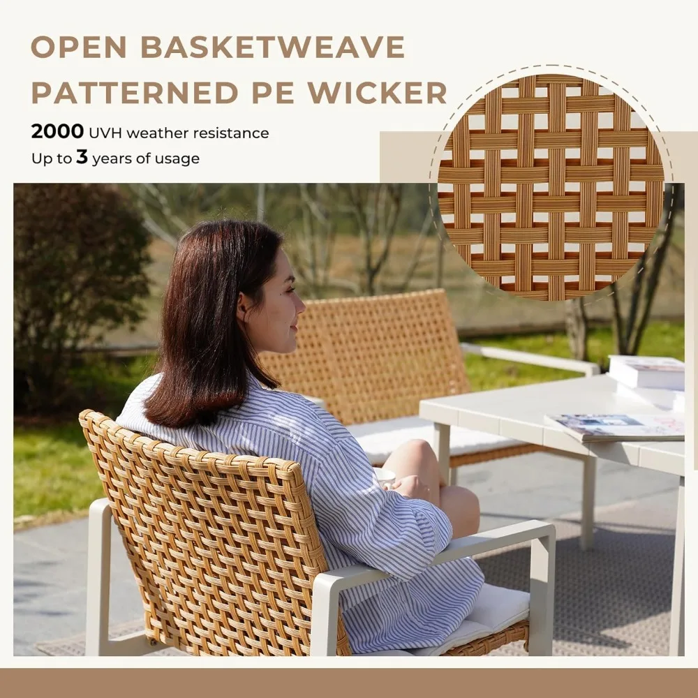 طقم طعام خارجي مكون من 5 قطع، طقم طاولة طعام فناء من الخيزران يتسع لـ 6 أشخاص مع وسادة مقعد، أثاث خارجي معدني حديث #4