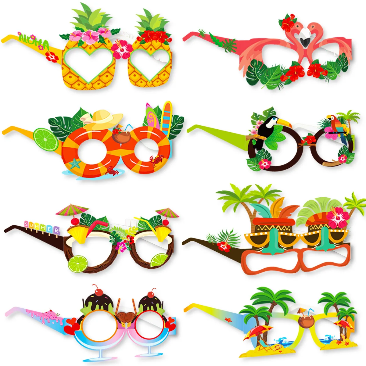 8pcs/Set New Hawaiian Party Glasses Wholesale Photo Decoration Props Flamingo Pineapple Paper Glasses Funny Decoration Glasses