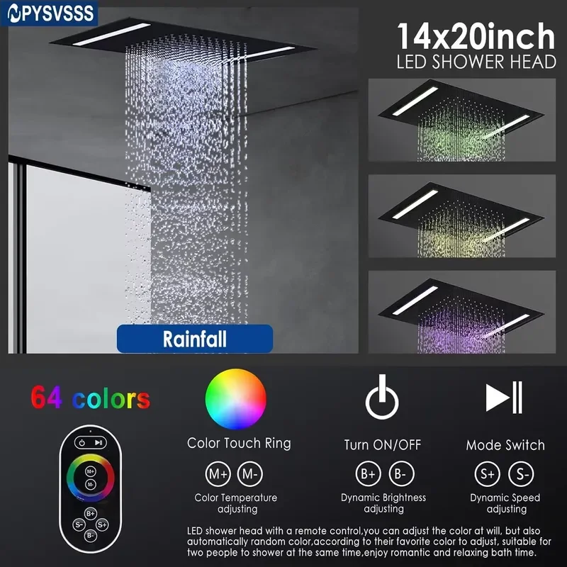 Dual Rain Shower Head System Faucet Set Ceiling Mount LED Wall Heads Handheld Shower Valve 1 Handle Flow Control Matte view 4