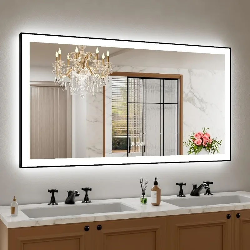 

LED Bathroom Mirror with Black Frame, Front Light and Backlit Stepless Dimmable, Anti-Fog, Shatter-Proof, 3 Colors, Memory