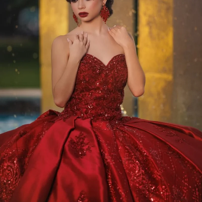

Красное платье Quinceanera с плечами, кружевное блестящее платье с наклейкой, платья de 15, Quinceanera ﻿ Бисероплетение по индивидуальному заказу