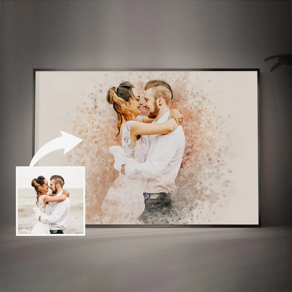 Pintura de boda de acuarela personalizada de foto, retrato personalizado en lienzo, arte de parejas, regalo de aniversario romántico, póster impreso